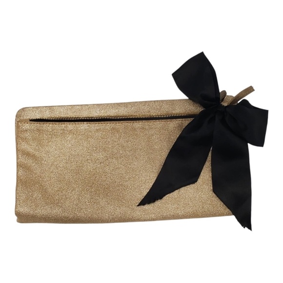 Clare V Handbags - Clare V. Gold Suede Leather Black Bow Clutch sparkle